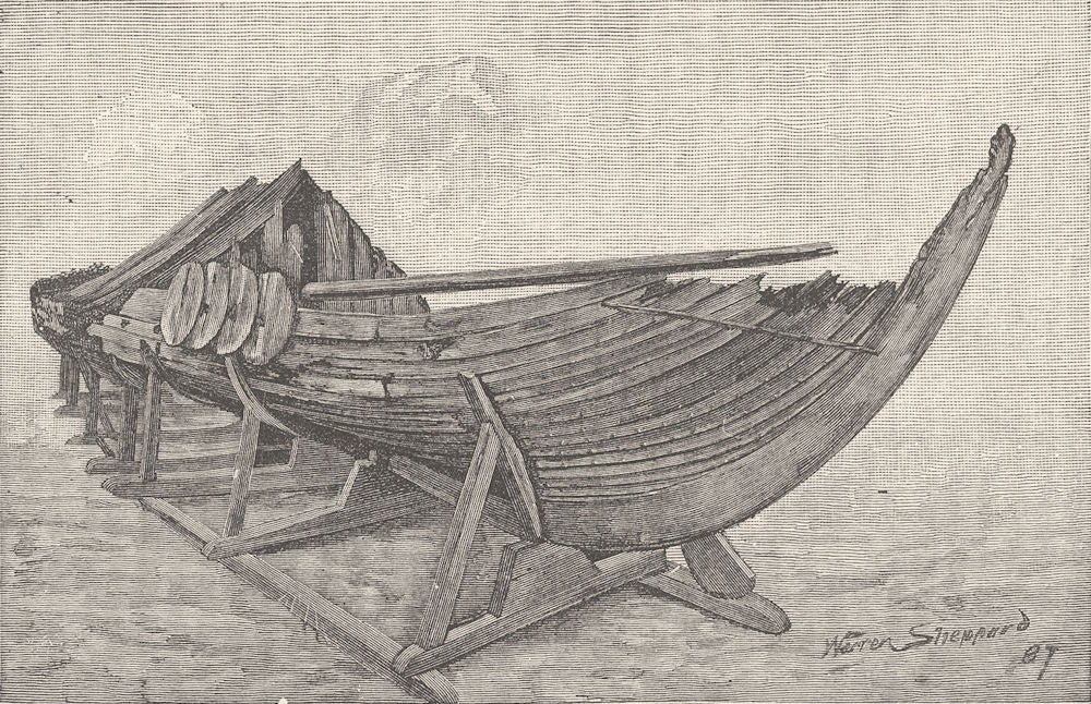 NORWAY. The Viking's Ship, showing shields in position 1890 old antique print